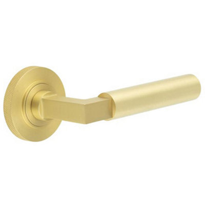 Elegant Knurled Satin Brass Door Handle with Rose Design - Solid Brass Interior Handle
