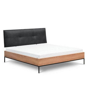 Elegant Loft Caramel Bed Frame H1120mm W1470mm D2150mm with Upholstered Headboard and Black Metal Legs