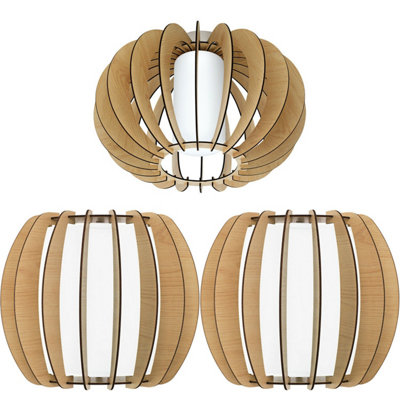 Elegant Low Ceiling Light with Matching Wall Sconces - Wood Cage & White Glass Shade