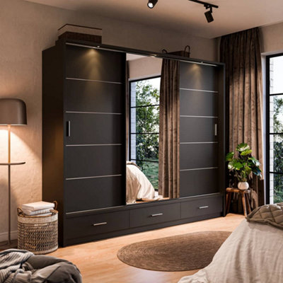 Elegant Lux Wardrobe with Shelves, LED & Mirror in Black - Spacious Storage (H2150mm W2500mm D630mm)