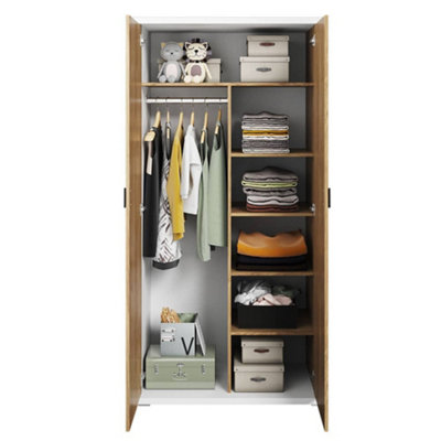Elegant Massi Hinged Wardrobe in Natural Hickory & Alpine White - 1000mm x 2000mm x 550mm with Ample Storage