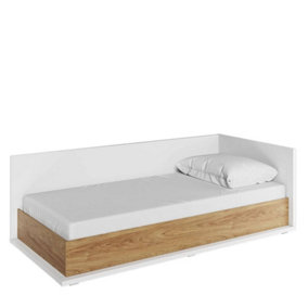 Elegant Massi Right Sided Single Bed with Mattress and Storage - Natural Hickory & Alpine White (H)700mm (W)1020mm (D)2120mm