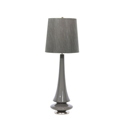 Elegant Mid Grey Glaze Table Lamp with Dark Grey Faux Silk Shade and LED Bulb