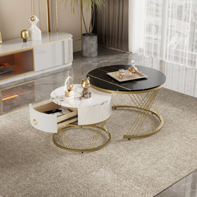 Elegant nesting Coffee Table Marble Look Gold Decor Side Table with Drawers Set of 2