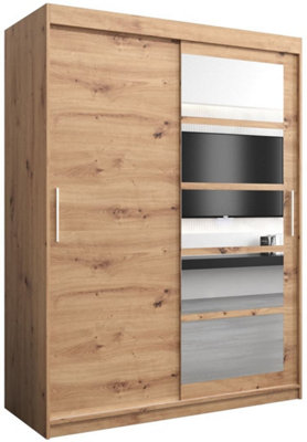 Elegant Oak Artisan Roma I Sliding Door Wardrobe W1500mm H2000mm D620mm Mirrored Vertical Handles Classic Storage Solution