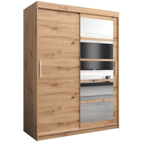 Elegant Oak Artisan Roma I Sliding Door Wardrobe W1500mm H2000mm D620mm Mirrored Vertical Handles Classic Storage Solution