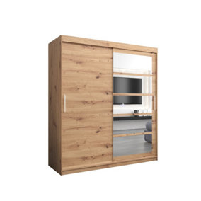 Elegant Oak Artisan Roma I Sliding Door Wardrobe W1800mm H2000mm D620mm Mirrored Vertical Handles Classic Storage Solution