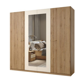 Elegant Oak & Beige Vertina 20 Hinged Door Wardrobe W2280mm H2150mm D590mm - Mirrored Doors, Expansive Storage