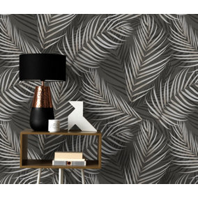 Elegant Palm Leaves Textured Vinyl Wallpaper in Black and Silver