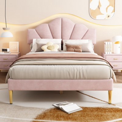 Elegant Pink Velvet King Size Bed Frame with Shell Headboard & Golden Legs