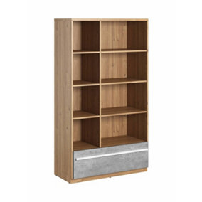 Elegant Plano Bookcase with Drawer and Shelves in Concrete & Oak Nash (H)1610mm (W)900mm (D)410mm - Sleek and Functional Design