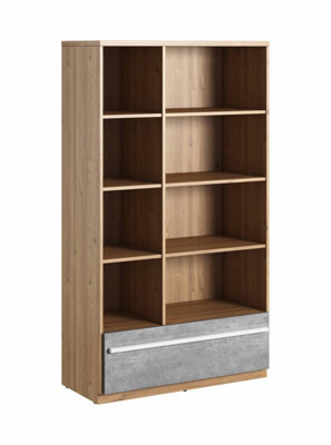 Elegant Plano Bookcase with Drawer and Shelves in Concrete & Oak Nash (H)1610mm (W)900mm (D)410mm - Sleek and Functional Design