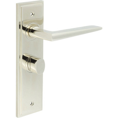 Elegant Polished Nickel Bathroom Door Handle with Backplate and Turn Release Solid Brass - Interior Handle