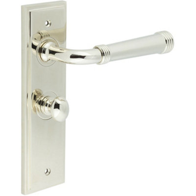 Elegant Polished Nickel Bathroom Door Handle with Backplate and Turn Release - Solid Brass Interior Handle