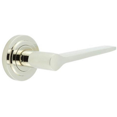 Elegant Polished Nickel Door Handle on Stepped Rose for Classic and Modern Interiors - Solid Brass Interior Handle