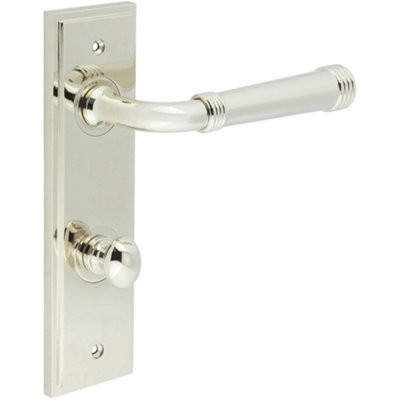 Elegant Polished Nickel Door Handle with Backplate for Bathrooms - Solid Brass Interior Handle