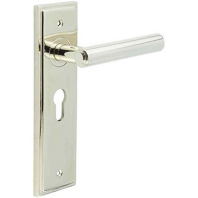Elegant Polished Nickel Door Handle with Euro Backplate for Homes - Solid Brass Interior Lever