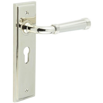 Elegant Polished Nickel Door Handle with Euro Backplate - Solid Brass Interior Handle Lock