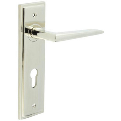 Elegant Polished Nickel Door Handle with Euro Backplate Solid Brass - Interior Handle