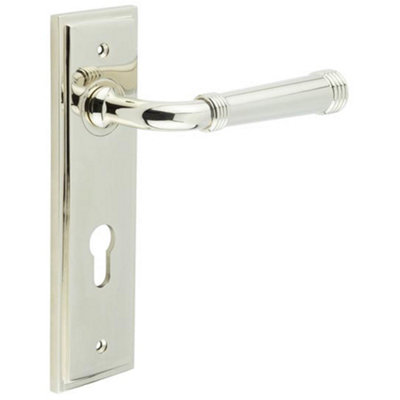 Elegant Polished Nickel Door Handle with Euro Backplate - Solid Brass Interior Handle