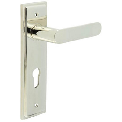 Elegant Polished Nickel Door Handle with Euro Backplate - Solid Brass Interior Lock Handle