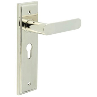Elegant Polished Nickel Door Handle with Euro Backplate - Solid Brass Interior Toilet Handle