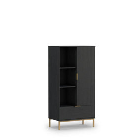 Elegant Pula Display Cabinet 70cm - Modern Black Portland Ash with Gold Accents - W700mm x H1400mm x D410mm