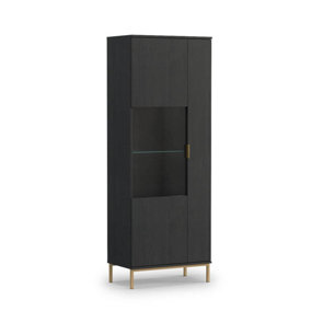 Elegant Pula Tall Display Cabinet 70cm - Chic Black Portland Ash with Gold Highlights -  W700mm x H1900mm x D410mm