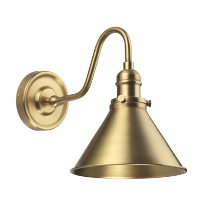 Elegant Pyramid Shaped Wall Light with Aged Brass Finish and Arched Arm