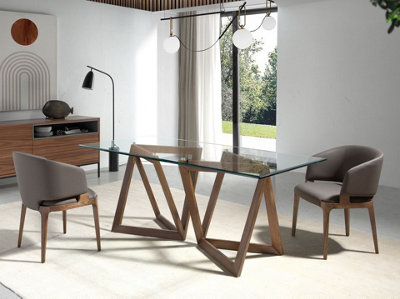 Elegant Rectangular Tempered Glass and Walnut Dining Table for Modern Homes