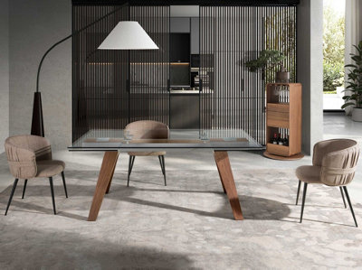 ELEGANT RECTANGULAR TEMPERED GLASS AND WALNUT EXTENDING DINING TABLE