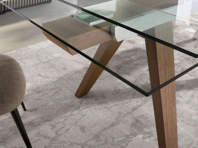 ELEGANT RECTANGULAR TEMPERED GLASS AND WALNUT EXTENDING DINING TABLE