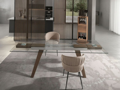 ELEGANT RECTANGULAR TEMPERED GLASS AND WALNUT EXTENDING DINING TABLE