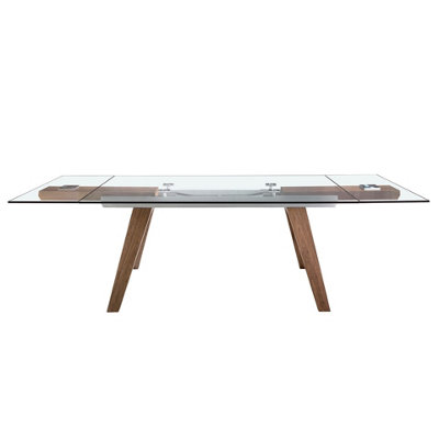 ELEGANT RECTANGULAR TEMPERED GLASS AND WALNUT EXTENDING DINING TABLE