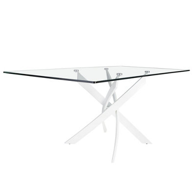 Elegant Rectangular Tempered Glass Dining Table with White Steel Legs