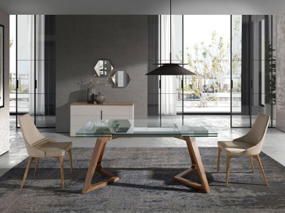 Elegant Rectangular Walnut and Glass Extending Dining Table
