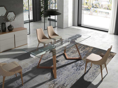 Elegant Rectangular Walnut and Glass Extending Dining Table