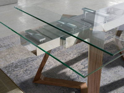 Elegant Rectangular Walnut and Glass Extending Dining Table