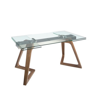 Elegant Rectangular Walnut and Glass Extending Dining Table