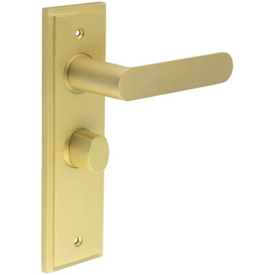 Elegant Satin Brass Bathroom Door Handle with Backplate and Turn Release Mechanism - Solid Brass Interior Handle