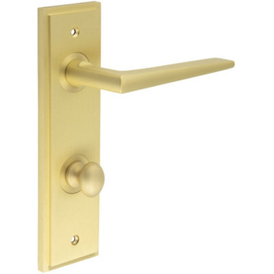 Elegant Satin Brass Bathroom Door Handle with Backplate and Turn Release Solid Brass - Interior Handle
