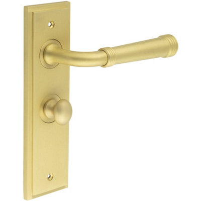 Elegant Satin Brass Bathroom Door Handle with Backplate and Turn Release - Solid Brass Interior Handle