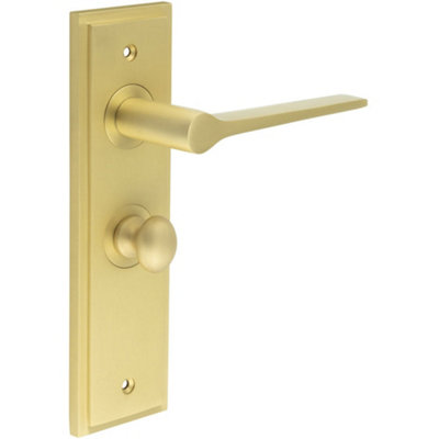 Elegant Satin Brass Bathroom Door Handle with Backplate and Turn Release - Solid Brass WC Interior Handle