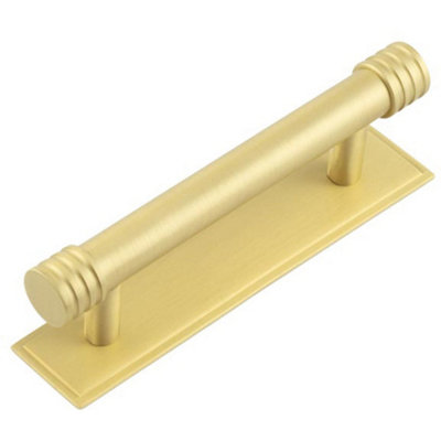Elegant Satin Brass Cabinet Handle with Stepped Backplate - 96mm Ctrs - Kitchen Drawer Pull Handle