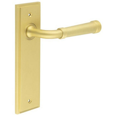 Elegant Satin Brass Door Handle Latch with Versatile Backplate Options - Solid Brass Interior Handle