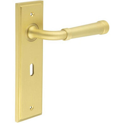 Elegant Satin Brass Door Handle Lock Backplate for Luxurious Interiors - Solid Brass Interior Handle