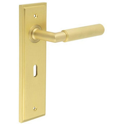 Elegant Satin Brass Door Handle Lock Backplate for Luxury Finishes - Solid Brass Interior Handle