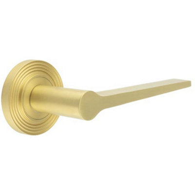 Elegant Satin Brass Door Handle on Reeded Rose for Timeless Style - Solid Brass Interior Handle