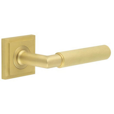 Elegant Satin Brass Door Handle on Square Stepped Rose for Luxury Interiors - Solid Brass Interior Handle