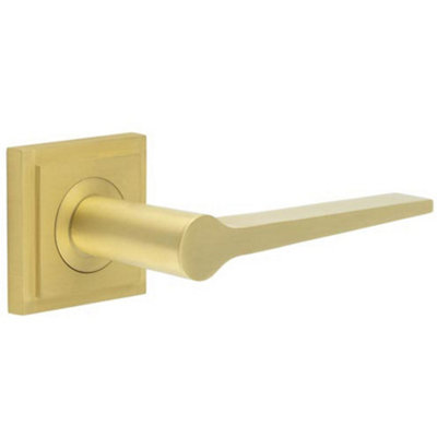 Elegant Satin Brass Door Handle on Square Stepped Rose for Modern & Traditional Interiors - Solid Brass Interior Handle